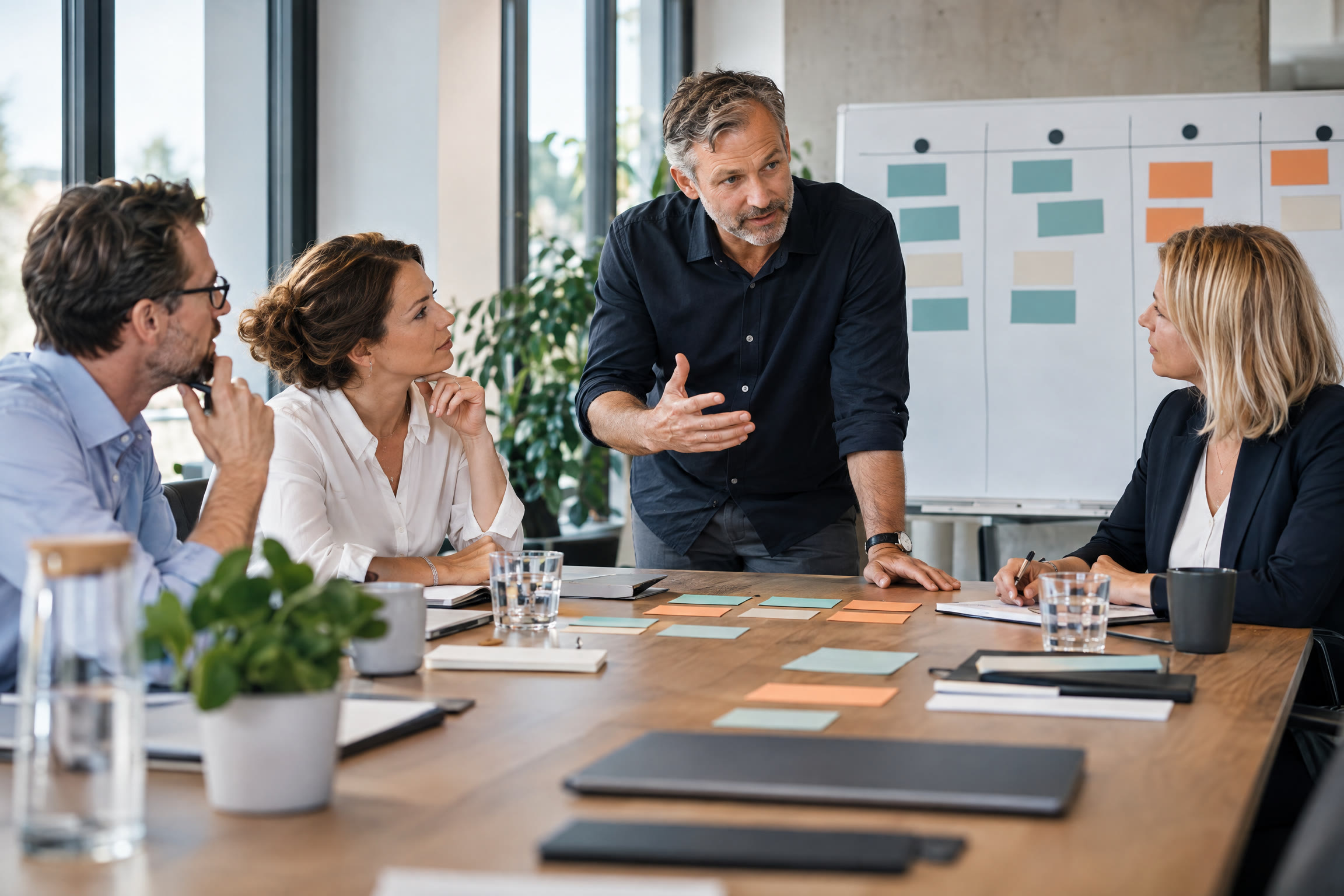 Projektcoach moderiert einen Workshop mit KMU-Führungskräften zu Projektmanagement und Prioritäten.